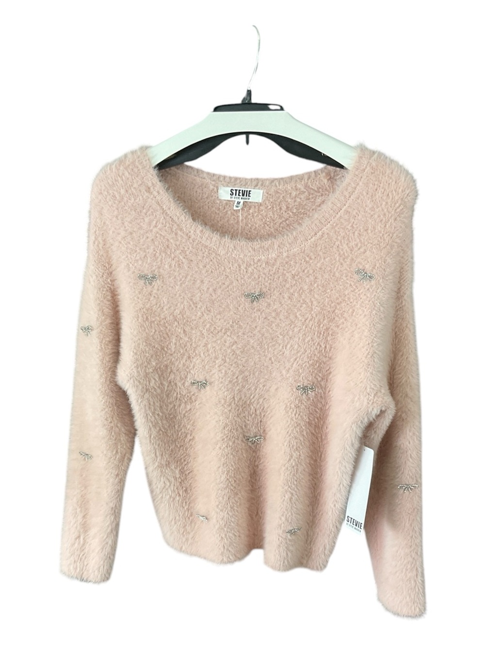 NWT STEVIE by Steve Madden Pink Fuzzy Rhinestone Bow Sweater Size M